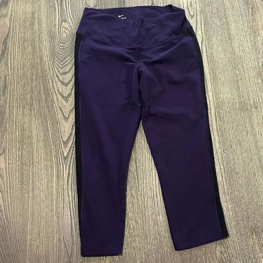 Nike Pants Dri Fit Leggings Mid Rise Athletic Cropped Purple Black Size Medium